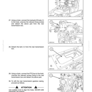 K&ouml;nnte beinhalten: Eine Seite aus einem technischen Handbuch mit dem Titel SECTION 21 - GEAR TRANSMISSION - CHAPTER 1, die vier schwarz-wei&szlig;e Strichzeichnungen mechanischer Komponenten von 26 bis 30 sowie einen Warnhinweis zur Werkzeugnutzung enth&auml;lt.