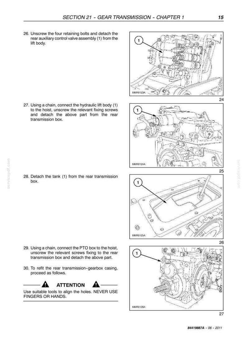 K&ouml;nnte beinhalten: Eine Seite aus einem technischen Handbuch mit dem Titel SECTION 21 - GEAR TRANSMISSION - CHAPTER 1, die vier schwarz-wei&szlig;e Strichzeichnungen mechanischer Komponenten von 26 bis 30 sowie einen Warnhinweis zur Werkzeugnutzung enth&auml;lt.