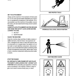 May include: A black and white technical manual page titled 1. SAFETY PRECAUTIONS. It features four instructional diagrams: using proper tools, setting the hydraulic oil check position for an excavator, cleaning the machine, and stopping the engine.
