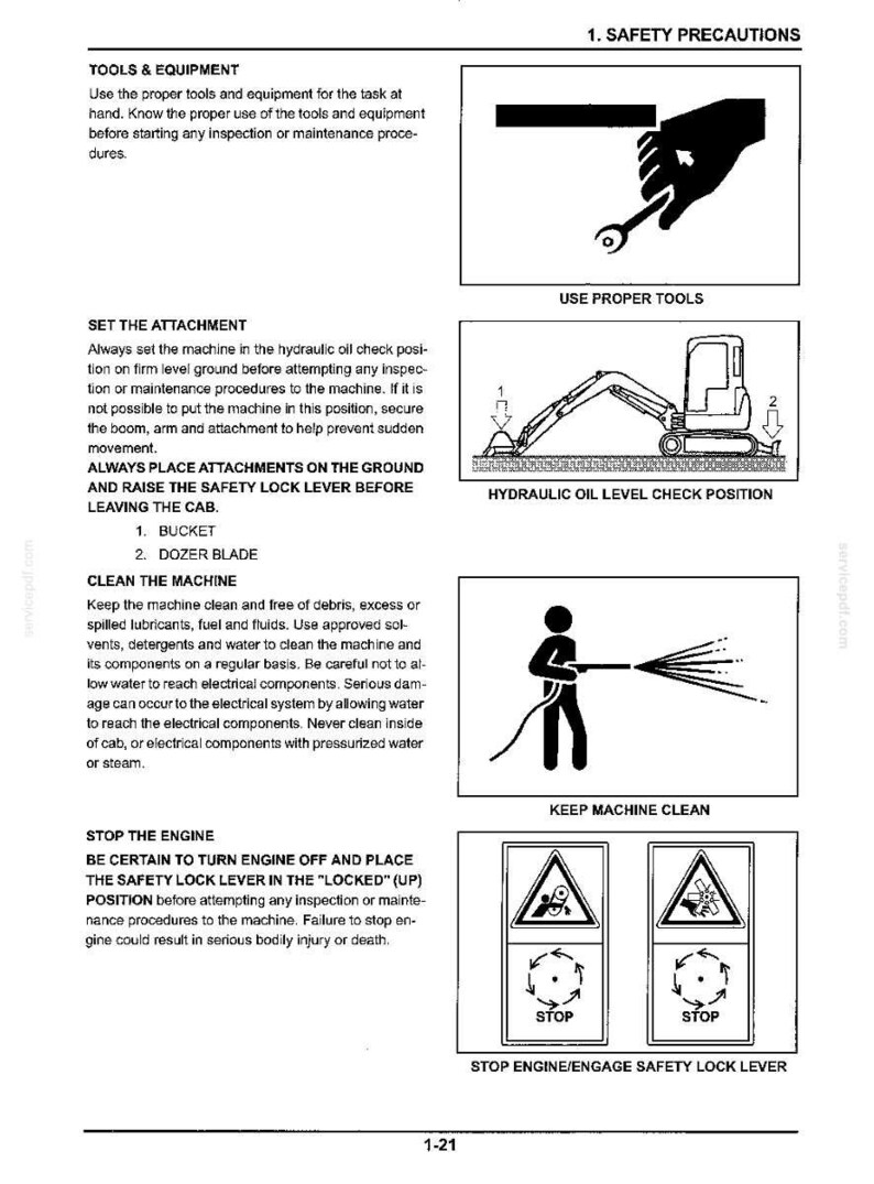 May include: A black and white technical manual page titled 1. SAFETY PRECAUTIONS. It features four instructional diagrams: using proper tools, setting the hydraulic oil check position for an excavator, cleaning the machine, and stopping the engine.