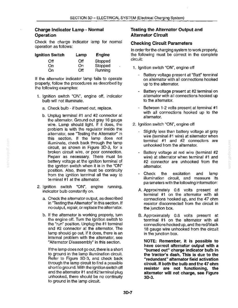 K&ouml;nnte beinhalten: Eine Seite aus einem Handbuch mit Anweisungen zur Diagnose des elektrischen Systems eines Fahrzeugs, speziell des Generators. Der Text enth&auml;lt Anweisungen zur &Uuml;berpr&uuml;fung der Ladekontrollleuchte und der Lichtmaschinenleistung. Aus Abschnitt 3D.