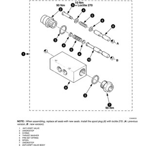 K&ouml;nnte beinhalten: Technische Zeichnung zur Demontage und Montage eines Anti-Drift-Ventils. Das Bild zeigt verschiedene Komponenten, darunter O-Ringe, Druckscheiben und Vorspannfedern. Text gibt Drehmomentangaben und die Verwendung von Loctite 270 an.