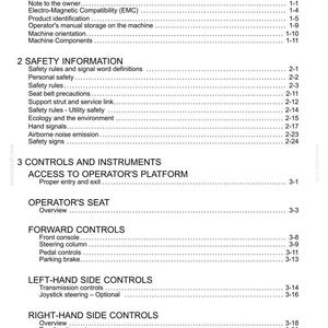 May include: A white document titled "Contents" with a detailed table of contents. Sections include General Information, Safety Information, Controls and Instruments, and various subtopics with page numbers.