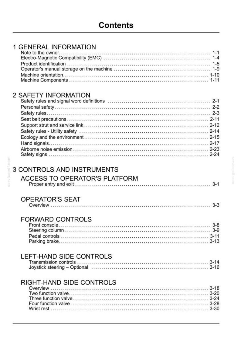 May include: A white document titled "Contents" with a detailed table of contents. Sections include General Information, Safety Information, Controls and Instruments, and various subtopics with page numbers.