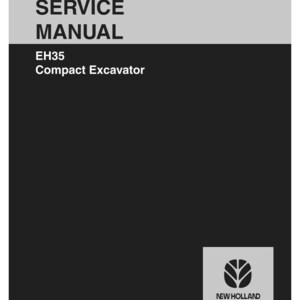 Op de afbeelding: Een servicehandleiding voor de EH35 Compact Graafmachine. De omslag is verdeeld in twee secties: een lichtgrijze bovenkant en een zwarte onderkant. De tekst "SERVICE MANUAL" is vetgedrukt, zwart. Het New Holland Construction-logo staat rechtsonder.