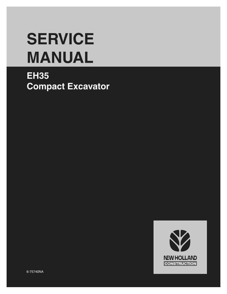 Op de afbeelding: Een servicehandleiding voor de EH35 Compact Graafmachine. De omslag is verdeeld in twee secties: een lichtgrijze bovenkant en een zwarte onderkant. De tekst "SERVICE MANUAL" is vetgedrukt, zwart. Het New Holland Construction-logo staat rechtsonder.