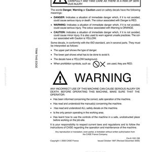 May include: A white document with safety warnings and instructions. The document includes a warning symbol, the word "WARNING" in bold, and explanations of safety decals. It also provides instructions for safe machine operation.