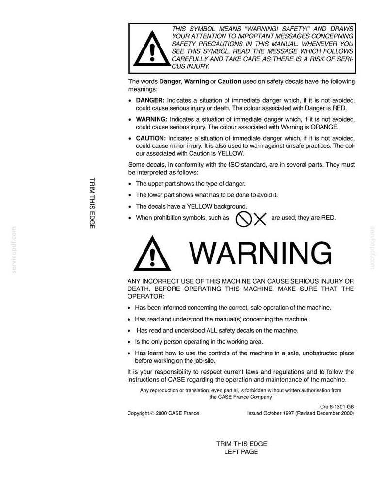 May include: A white document with safety warnings and instructions. The document includes a warning symbol, the word "WARNING" in bold, and explanations of safety decals. It also provides instructions for safe machine operation.