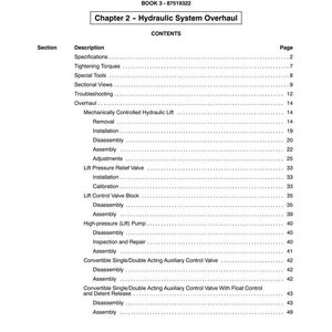 May include: A page from a manual titled "SECTION 35 - HYDRAULIC SYSTEMS." The table of contents lists topics like "Specifications," "Troubleshooting," and "Assembly." The page number "15" is at the bottom.