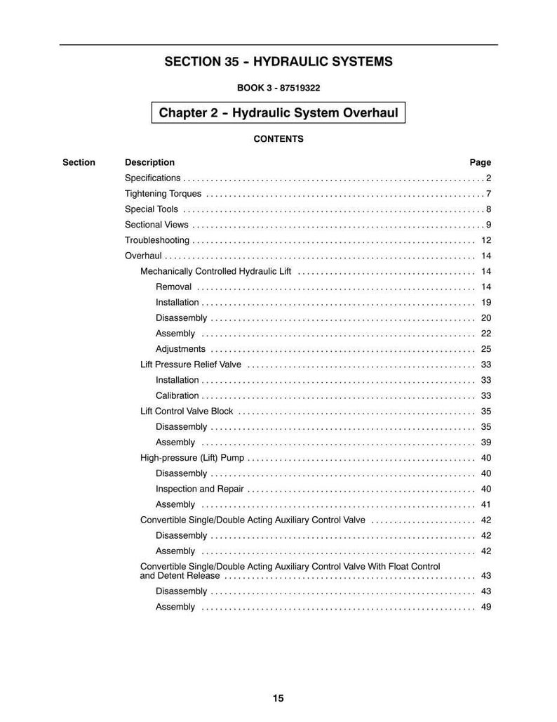 May include: A page from a manual titled "SECTION 35 - HYDRAULIC SYSTEMS." The table of contents lists topics like "Specifications," "Troubleshooting," and "Assembly." The page number "15" is at the bottom.