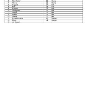 May include: An intake and exhaust table with a list of engine parts, including exhaust, filter holder, cylinder, and air cleaner. The table also lists bolts, nuts, and washers. The document is labeled "Engine - Engine and crankcase."