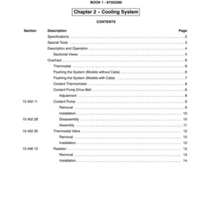 May include: A page from a manual titled "SECTION 10 - ENGINE" with the subheading "Chapter 2 - Cooling System." The contents include a table of contents with sections like "Thermostat" and "Radiator," and page numbers.