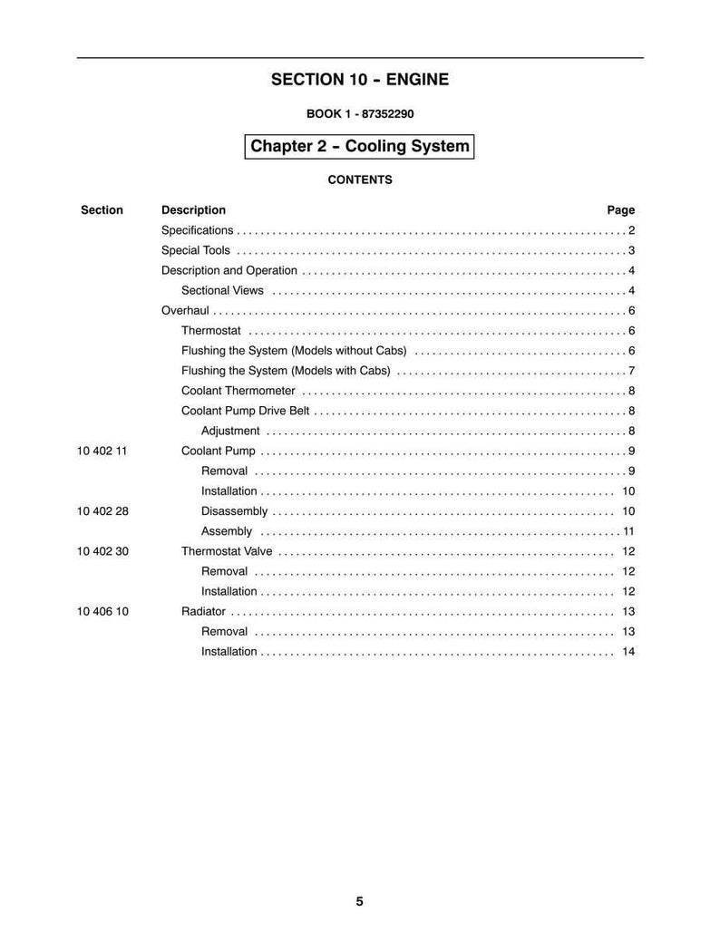 May include: A page from a manual titled "SECTION 10 - ENGINE" with the subheading "Chapter 2 - Cooling System." The contents include a table of contents with sections like "Thermostat" and "Radiator," and page numbers.