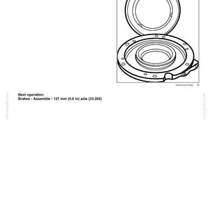 May include: Diagram of hydraulic service brake components. The image shows a detailed illustration of a brake assembly, including a cover and piston. Text indicates the next step is to assemble a 127 mm (5.0 in) axle.