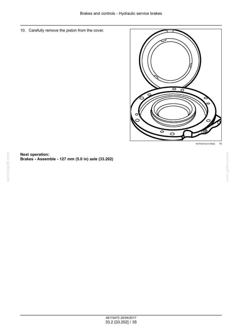 May include: Diagram of hydraulic service brake components. The image shows a detailed illustration of a brake assembly, including a cover and piston. Text indicates the next step is to assemble a 127 mm (5.0 in) axle.