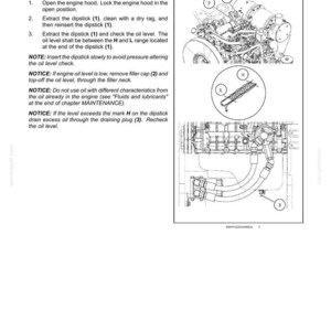 May include: A technical document page titled 4 - OPERATING INSTRUCTIONS Engine oil level. It features line drawings of an engine, a dipstick with H and L markings, and a filler cap. Numbered steps explain how to check and top off engine oil.