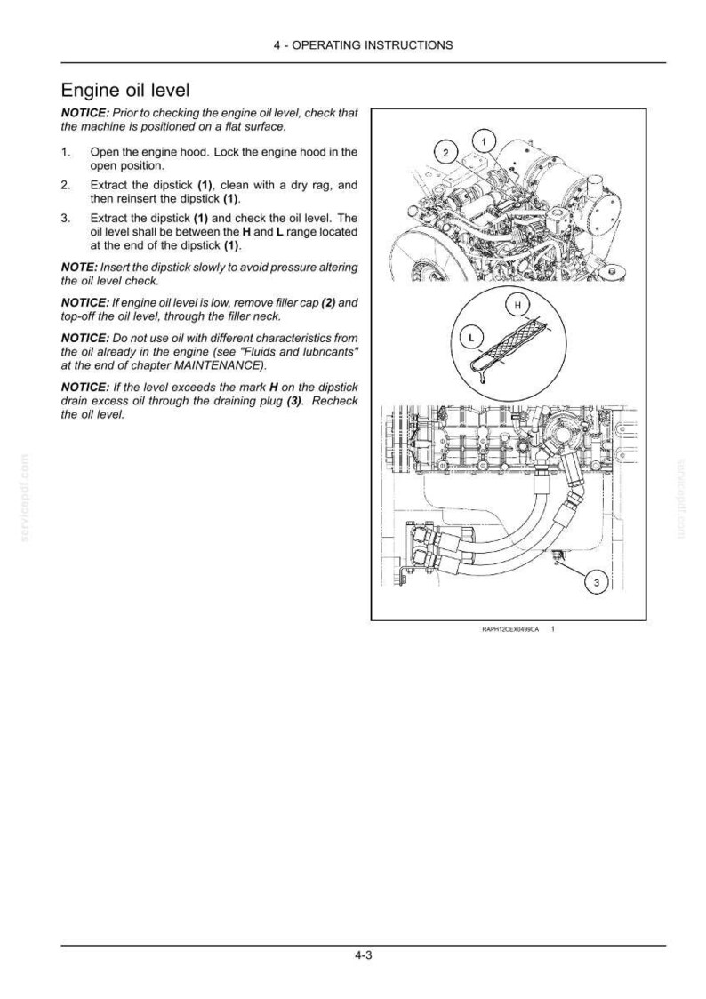 May include: A technical document page titled 4 - OPERATING INSTRUCTIONS Engine oil level. It features line drawings of an engine, a dipstick with H and L markings, and a filler cap. Numbered steps explain how to check and top off engine oil.