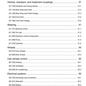 May include: A detailed page from a manual, featuring a table of contents with various sections like "Hitches, drawbars, and implement couplings," "Steering," and "Electrical systems." The page includes section numbers and sub-sections.