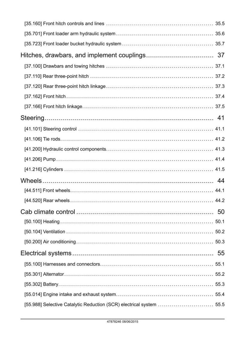 May include: A detailed page from a manual, featuring a table of contents with various sections like "Hitches, drawbars, and implement couplings," "Steering," and "Electrical systems." The page includes section numbers and sub-sections.