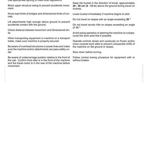 May include: A document page titled 2 - SAFETY INFORMATION featuring black text on a white background. It lists travel and general transportation safety guidelines for heavy machinery, including instructions on bucket height, slope angles, and machine stability.