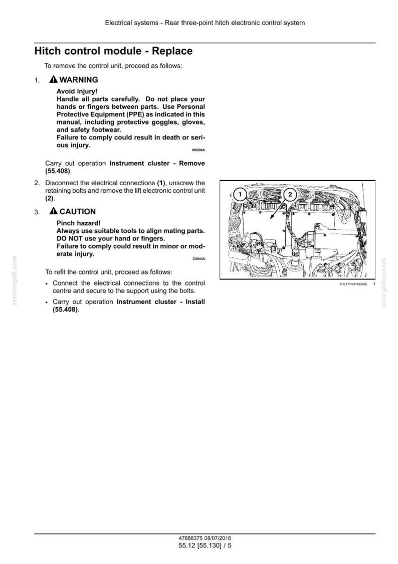 May include: Diagram from a manual detailing the replacement of a hitch control module. The text includes warnings about injury and pinch hazards, along with instructions for disconnecting electrical connections and removing the unit. Includes a diagram with numbered components.
