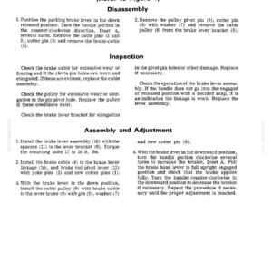 May include: A page from a manual detailing parking brake disassembly, inspection, and adjustment procedures. Text includes instructions for removing parts, checking for wear, and adjusting tension. The page is white with black text and diagrams.
