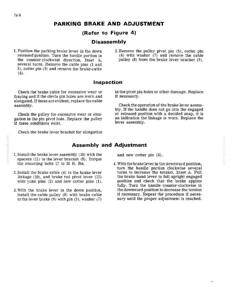 May include: A page from a manual detailing parking brake disassembly, inspection, and adjustment procedures. Text includes instructions for removing parts, checking for wear, and adjusting tension. The page is white with black text and diagrams.