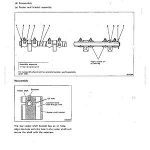 May include: A technical diagram from a service manual titled Engine - Service Procedure, showing the rocker and bracket assembly. It includes numbered parts, an assembly sequence, and a cross-section view detailing the rocker shaft and setscrew.