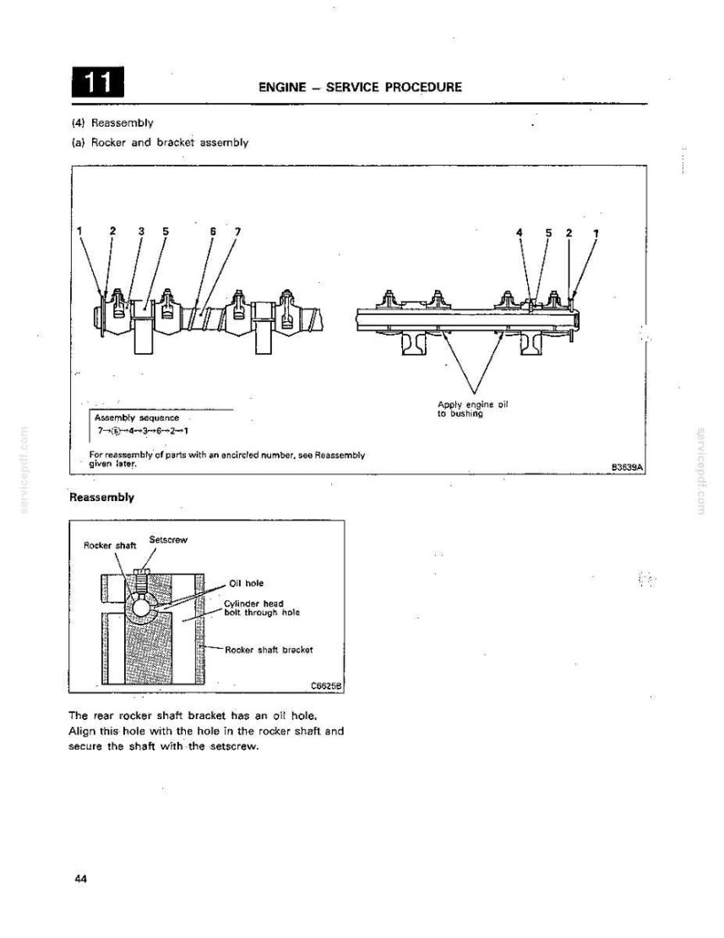 May include: A technical diagram from a service manual titled Engine - Service Procedure, showing the rocker and bracket assembly. It includes numbered parts, an assembly sequence, and a cross-section view detailing the rocker shaft and setscrew.