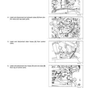 Puede incluir: Diagrama de la v&aacute;lvula de control principal del sistema hidr&aacute;ulico, con instrucciones numeradas e im&aacute;genes de primer plano. El texto incluye pasos para desconectar las conexiones del solenoide, los tubos hidr&aacute;ulicos, las mangueras de drenaje y los tubos.
