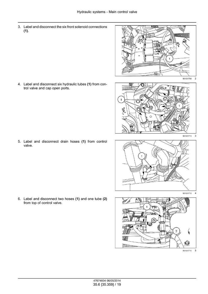 Puede incluir: Diagrama de la v&aacute;lvula de control principal del sistema hidr&aacute;ulico, con instrucciones numeradas e im&aacute;genes de primer plano. El texto incluye pasos para desconectar las conexiones del solenoide, los tubos hidr&aacute;ulicos, las mangueras de drenaje y los tubos.