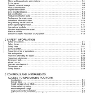 May include: A black and white document page titled Contents, listing sections for General Information, Safety Information, and Controls and Instruments for a tractor, with corresponding page numbers for each topic in a structured layout.