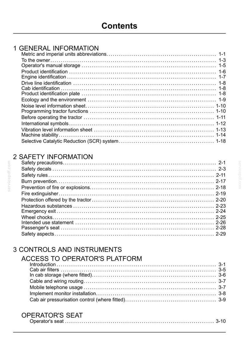 May include: A black and white document page titled Contents, listing sections for General Information, Safety Information, and Controls and Instruments for a tractor, with corresponding page numbers for each topic in a structured layout.