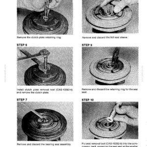 May include: A series of black and white images detailing mechanical steps. Text includes "STEP" numbers, instructions like "Remove the clutch plate retaining ring," and tool model numbers. The images show components being disassembled.
