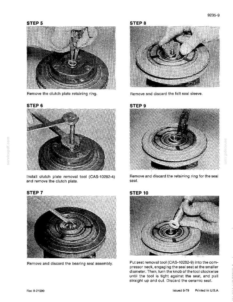 May include: A series of black and white images detailing mechanical steps. Text includes "STEP" numbers, instructions like "Remove the clutch plate retaining ring," and tool model numbers. The images show components being disassembled.