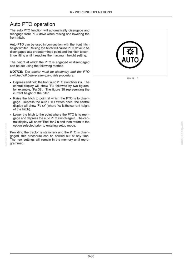 May include: A technical manual page titled 6-WORKING OPERATIONS detailing Auto PTO operation for a tractor. It includes instructions for setting hitch height limits and a circular icon featuring a gear symbol and the text AUTO.