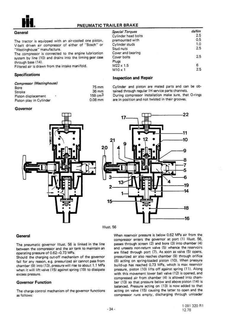 Op de afbeelding: Diagram van een pneumatisch aanhangerremsysteem, met specificaties voor de compressor, boring 75 mm en zuigerslag 159 cm&sup3;. Het diagram toont de werking van de regelaar en speciale koppelwaarden.