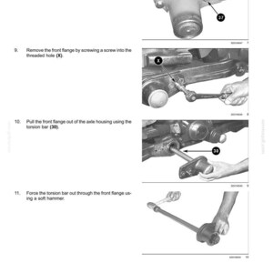 May include: Diagram illustrating front axle system disassembly. Instructions detail removing bolts, using a screw, and employing a torsion bar to extract the front flange. The image includes numbered steps and labels for clarity.