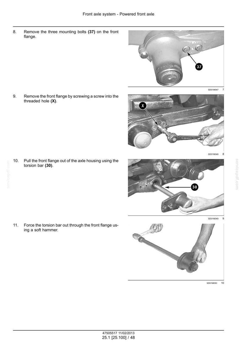 May include: Diagram illustrating front axle system disassembly. Instructions detail removing bolts, using a screw, and employing a torsion bar to extract the front flange. The image includes numbered steps and labels for clarity.