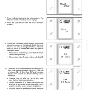 K&ouml;nnte beinhalten: Eine Seite aus einem technischen Wartungshandbuch mit vier schwarz-wei&szlig;en Diagrammen eines digitalen Bildschirms. Die Bildschirme zeigen Text wie CONFIG TRANS, TRANS SETUP, Cltch Cal, Oil 26 DegC und Low Oil Temp, begleitet von Anweisungen.