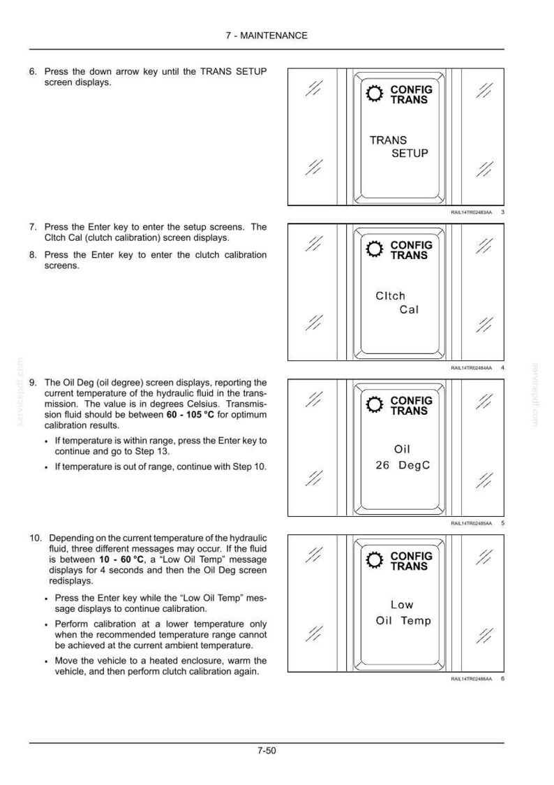 K&ouml;nnte beinhalten: Eine Seite aus einem technischen Wartungshandbuch mit vier schwarz-wei&szlig;en Diagrammen eines digitalen Bildschirms. Die Bildschirme zeigen Text wie CONFIG TRANS, TRANS SETUP, Cltch Cal, Oil 26 DegC und Low Oil Temp, begleitet von Anweisungen.