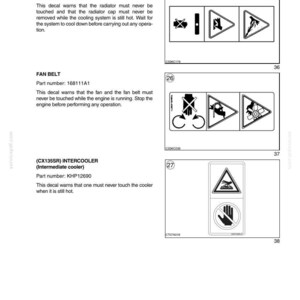 May include: Page from a manual with safety decals and hand signals. The decals warn about touching the radiator, fan belt, and cooler when hot. Includes diagrams and part numbers.