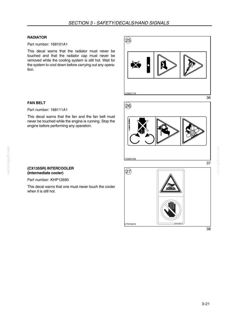 May include: Page from a manual with safety decals and hand signals. The decals warn about touching the radiator, fan belt, and cooler when hot. Includes diagrams and part numbers.