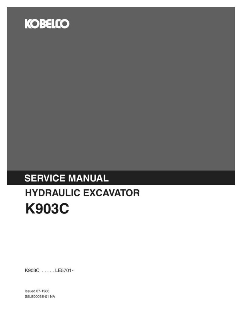 Peut inclure: Un manuel d'entretien Kobelco gris et blanc pour une pelle hydraulique mod&egrave;le K903C. La couverture pr&eacute;sente le texte KOBELCO, SERVICE MANUAL, HYDRAULIC EXCAVATOR, K903C, K903C . . . . . LE5701-, Issued 07-1986, et le code S5LE0003E-01 NA.