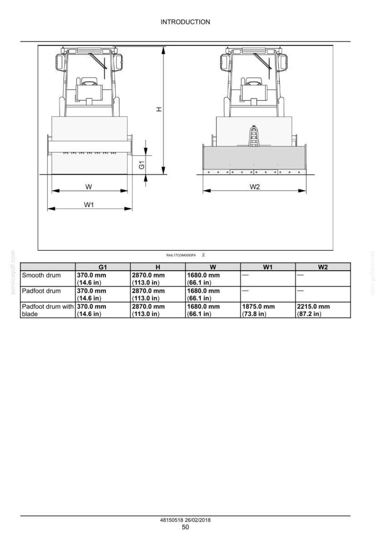 May include: Diagram of a construction vehicle with dimensions in inches and millimeters. The diagram includes measurements for G1, H, W, W1, and W2, with specifications for smooth drum, padfoot drum, and padfoot drum with blade.