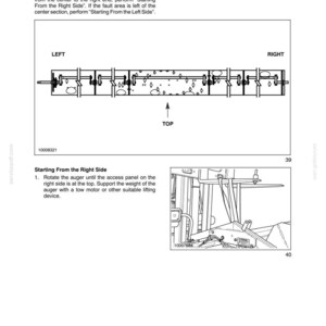 May include: A technical manual page titled SECTION 58 - ATTACHMENT/HEADERS - CHAPTER 2. It features a diagram of an auger with labels for LEFT, RIGHT, and TOP, along with text instructions for a secondary repair procedure and starting from the right side.