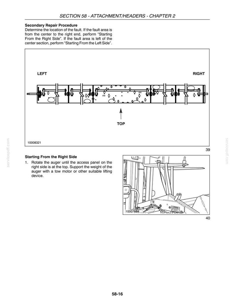 May include: A technical manual page titled SECTION 58 - ATTACHMENT/HEADERS - CHAPTER 2. It features a diagram of an auger with labels for LEFT, RIGHT, and TOP, along with text instructions for a secondary repair procedure and starting from the right side.