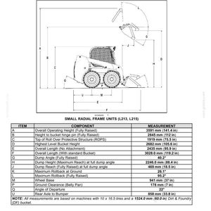 Puede incluir: Un documento de especificaciones t&eacute;cnicas para unidades de bastidor radial peque&ntilde;o L213 y L215, con un dibujo lineal en blanco y negro de una minicargadora con dimensiones etiquetadas y una tabla detallada con medidas en mil&iacute;metros y pulgadas.