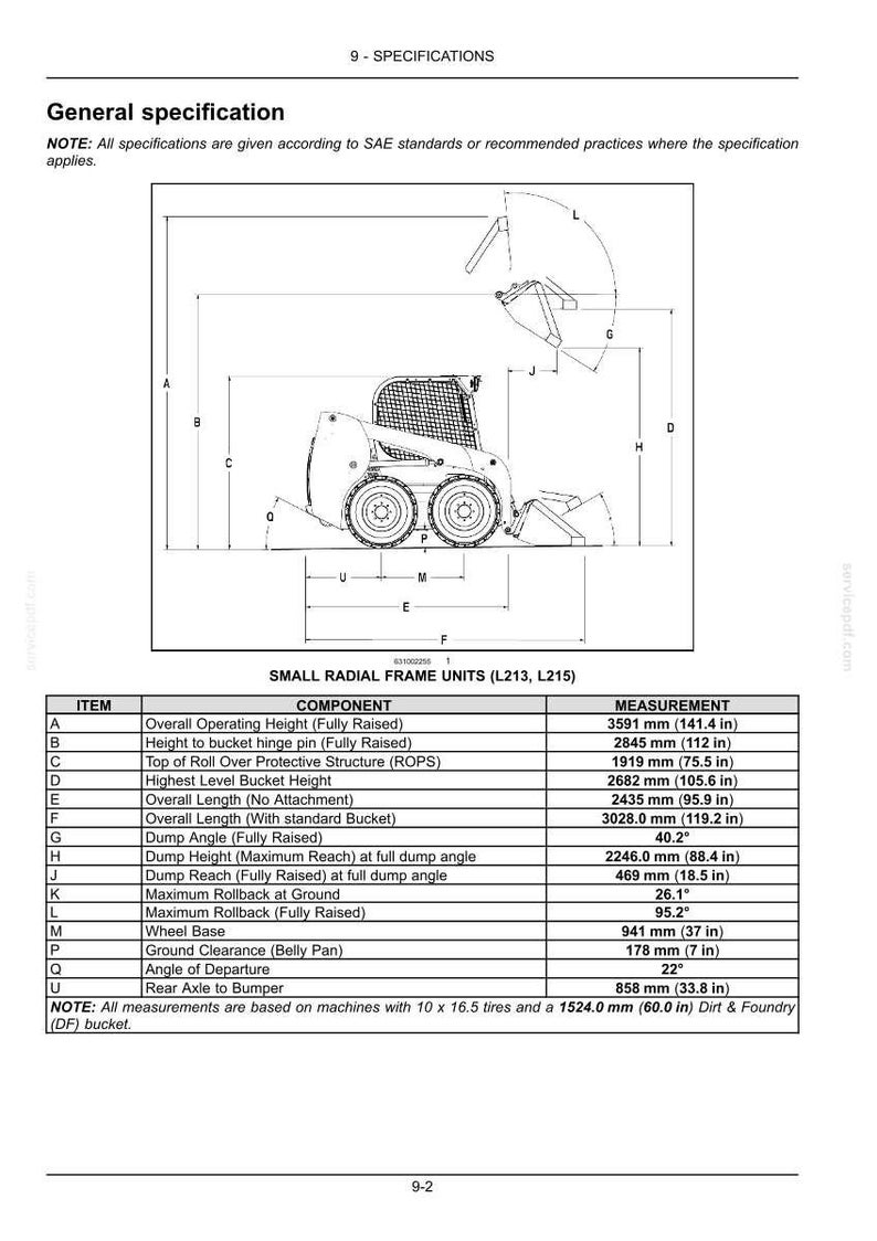 Puede incluir: Un documento de especificaciones t&eacute;cnicas para unidades de bastidor radial peque&ntilde;o L213 y L215, con un dibujo lineal en blanco y negro de una minicargadora con dimensiones etiquetadas y una tabla detallada con medidas en mil&iacute;metros y pulgadas.