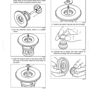Op de afbeelding: Diagrammen die de montage van motoronderdelen illustreren. De afbeeldingen tonen diverse onderdelen, waaronder een turbine wiel, zuigerveerafdichting en druklager. Instructies omvatten het smeren van onderdelen en het uitlijnen van componenten voor een correcte installatie. De diagrammen zijn in zwart-wit.
